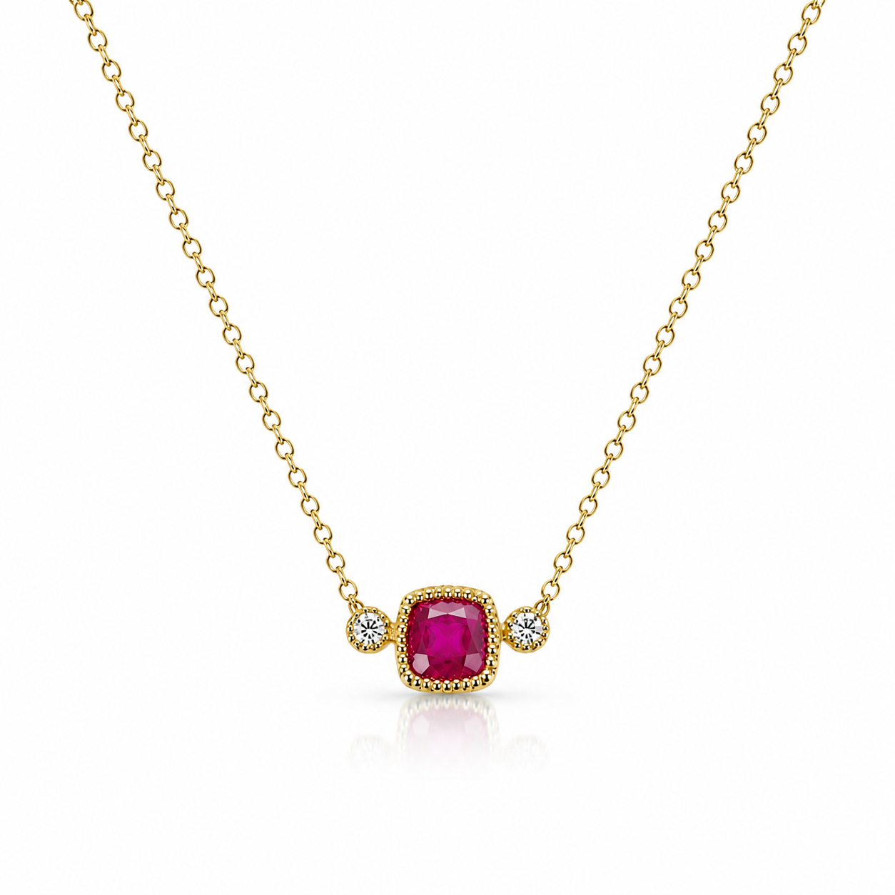 Three Stone Cushion Ruby Necklace