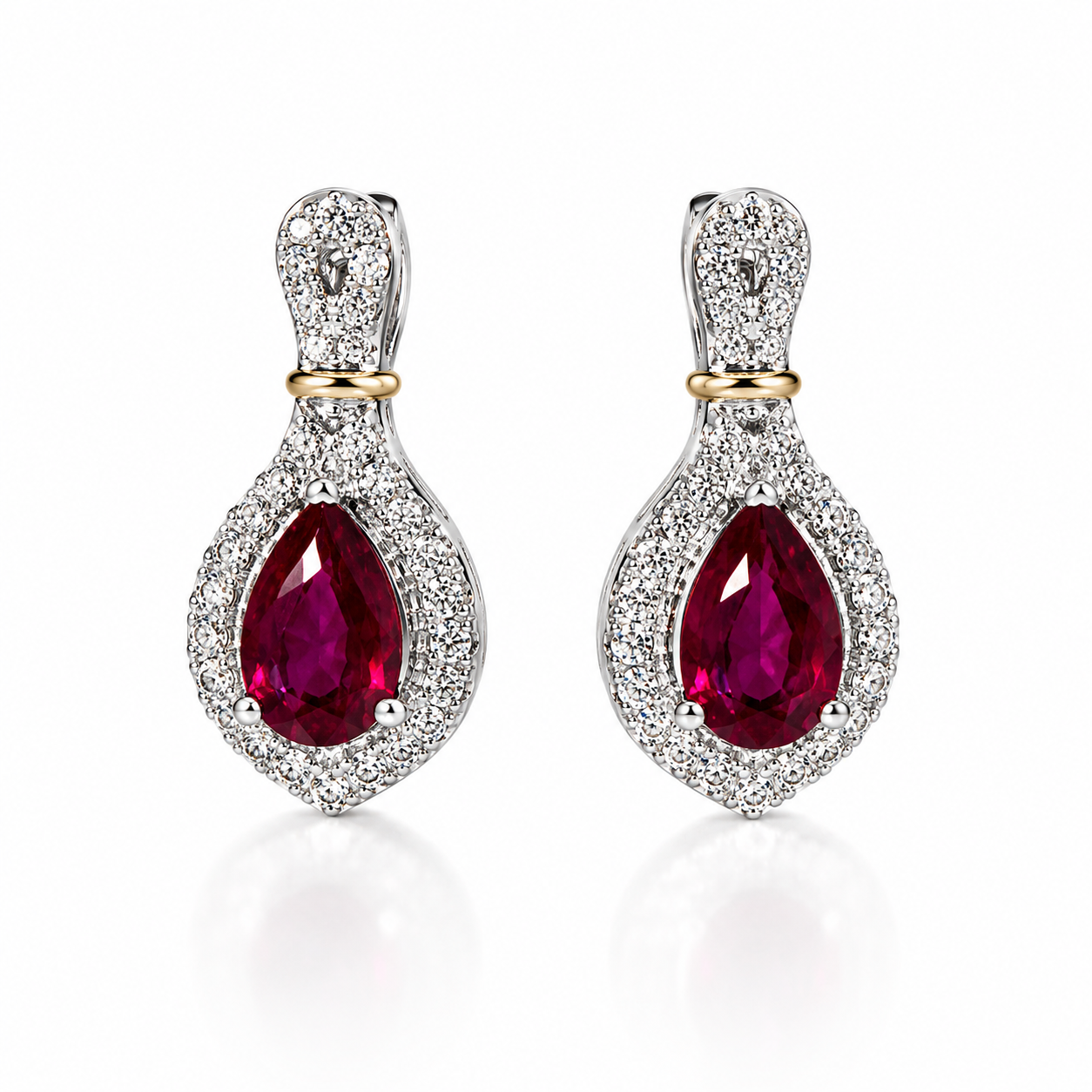 Pear Ruby & Diamond Halo Drop Earrings