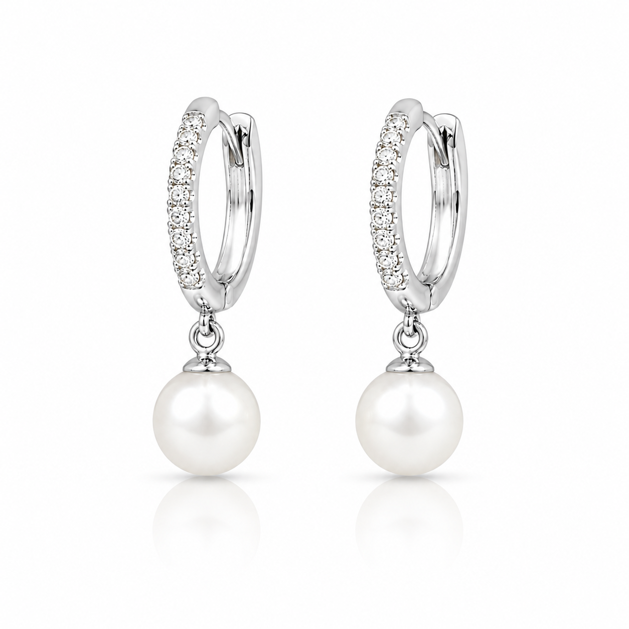 14 Karat White Gold Pearl Drop Diamond Huggie Hoop Earrings