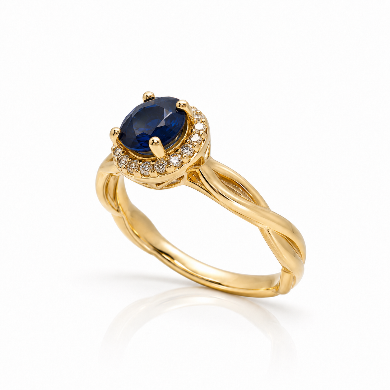 Blue Sapphire & Diamond Twist Halo Ring