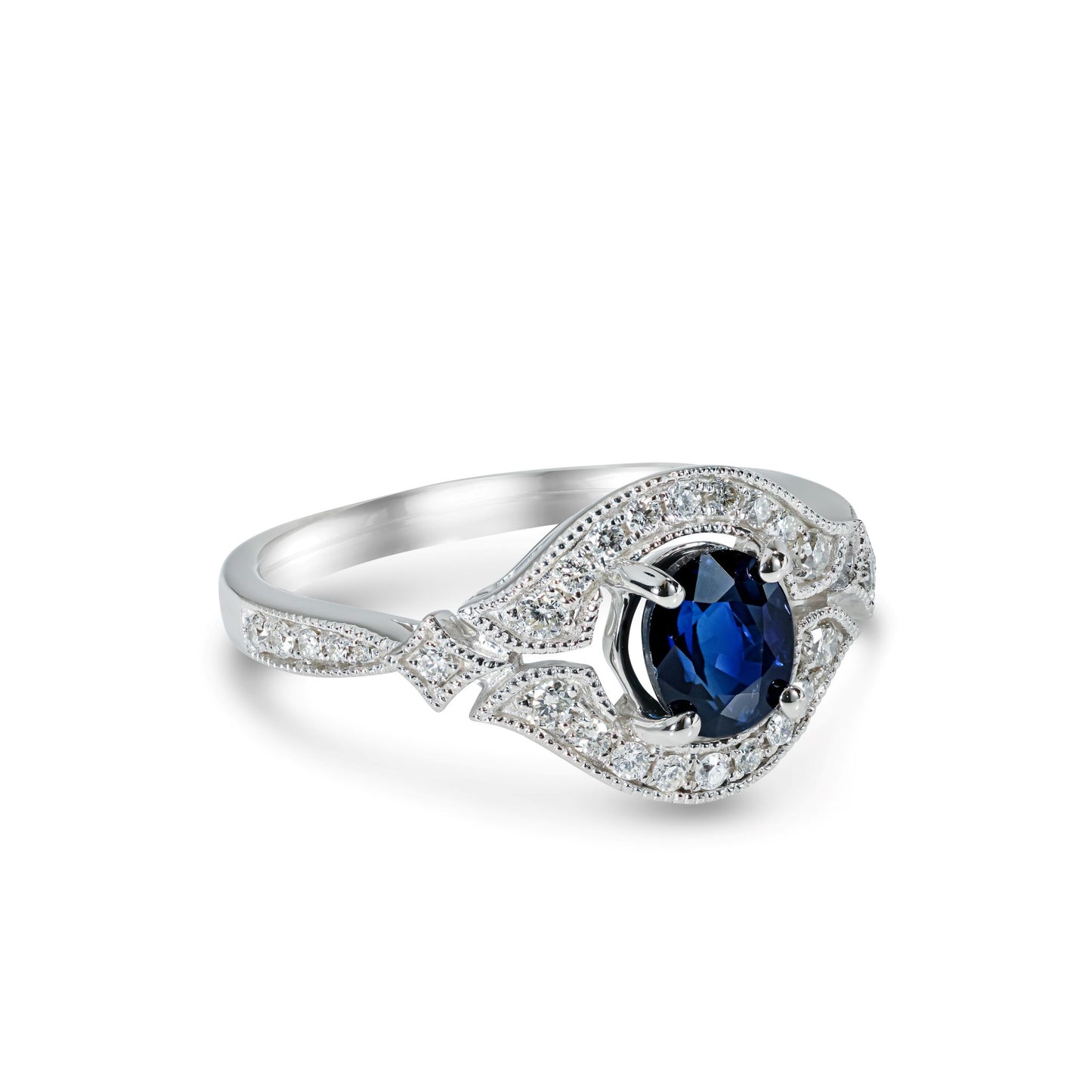14k White Gold Halo Style Blue Sapphire Ring side view