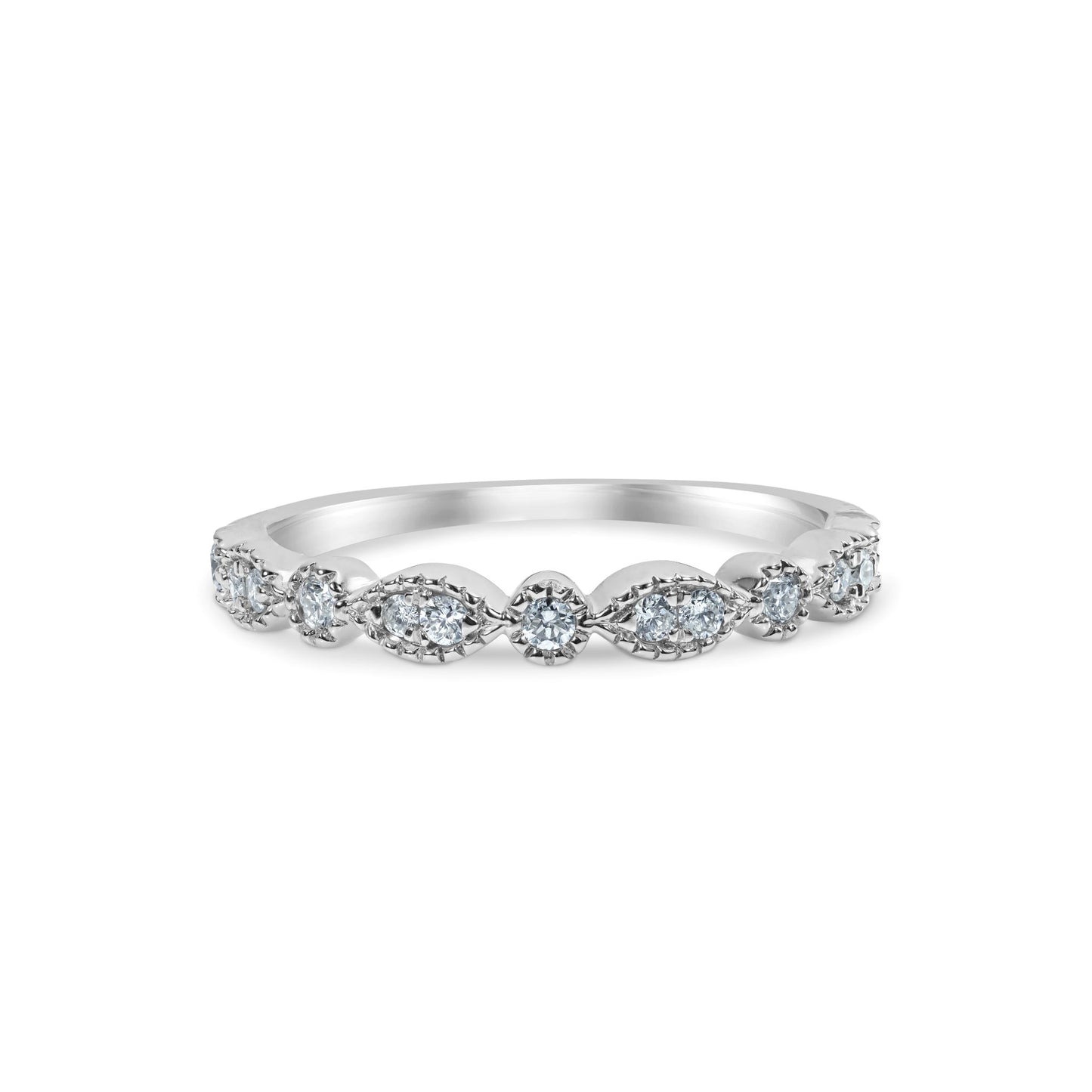 A 14k white gold diamond ring with multiple diamonds set in a white gold band.