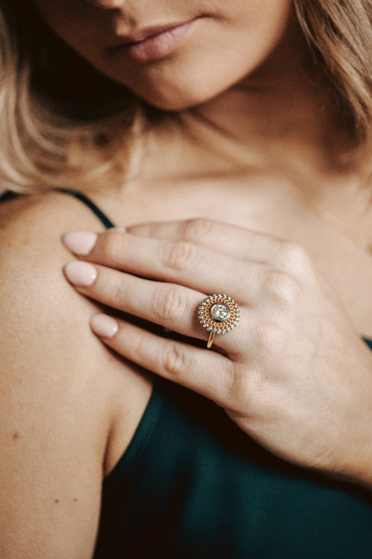 Yellow Gold diamond ring with diamonds bezel set around it