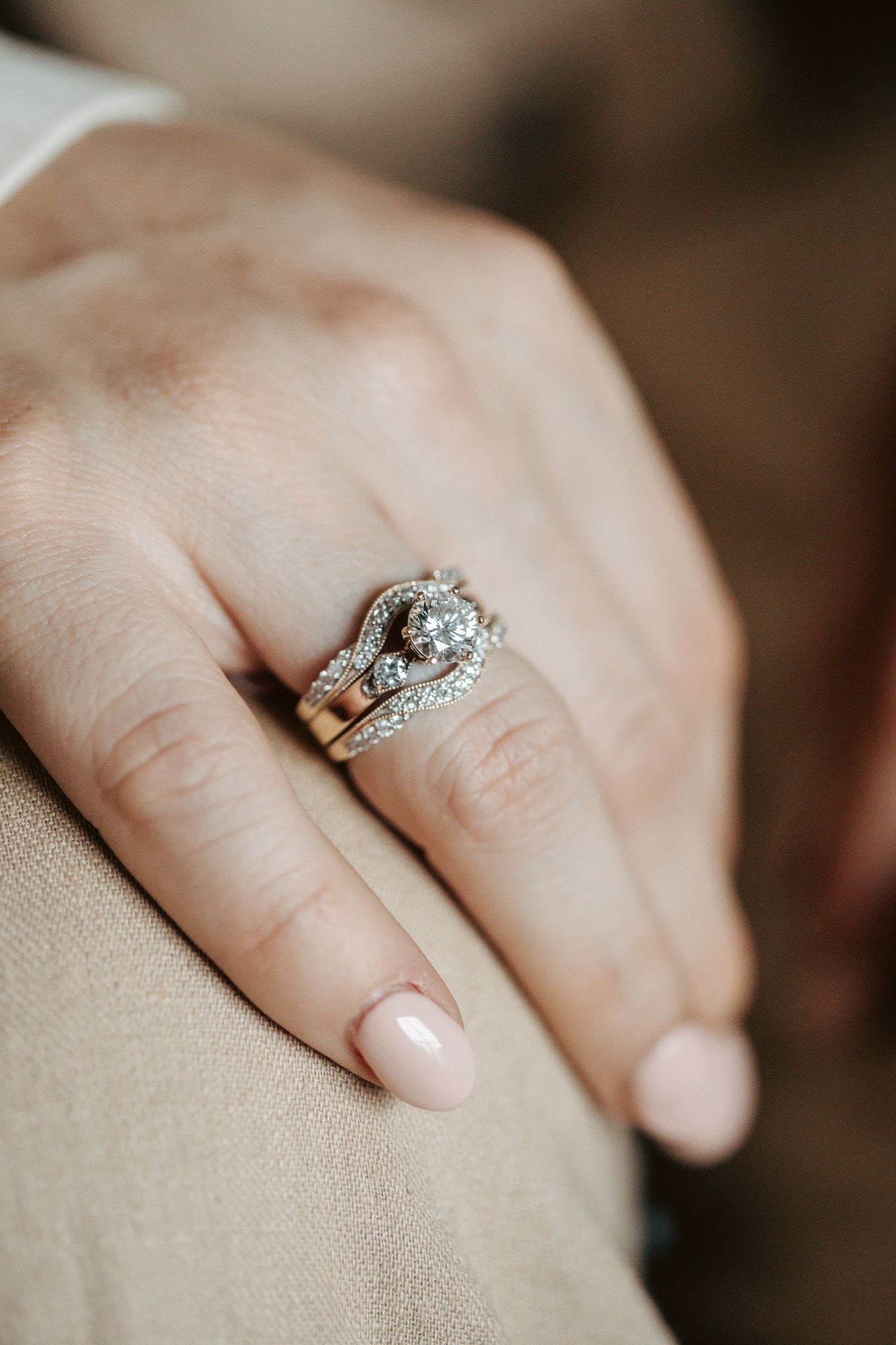 1.15 Carat GIA Certified Diamond Engagement Ring modeled with a ring guard around it