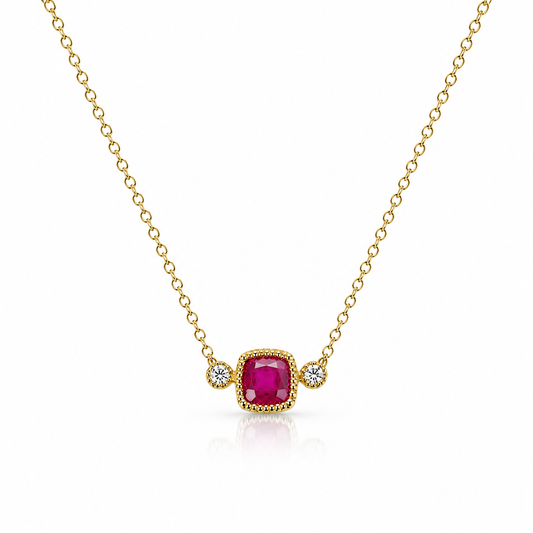 Three Stone Cushion Ruby Necklace