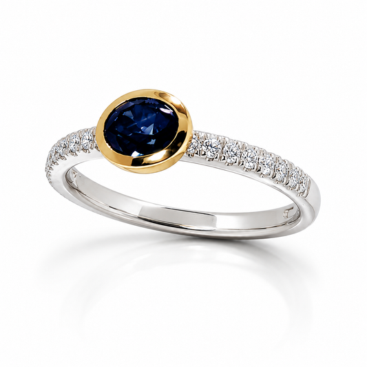 14k two tone bezel diamond and sapphire east-west ring