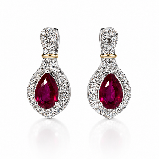 Pear Ruby & Diamond Halo Drop Earrings