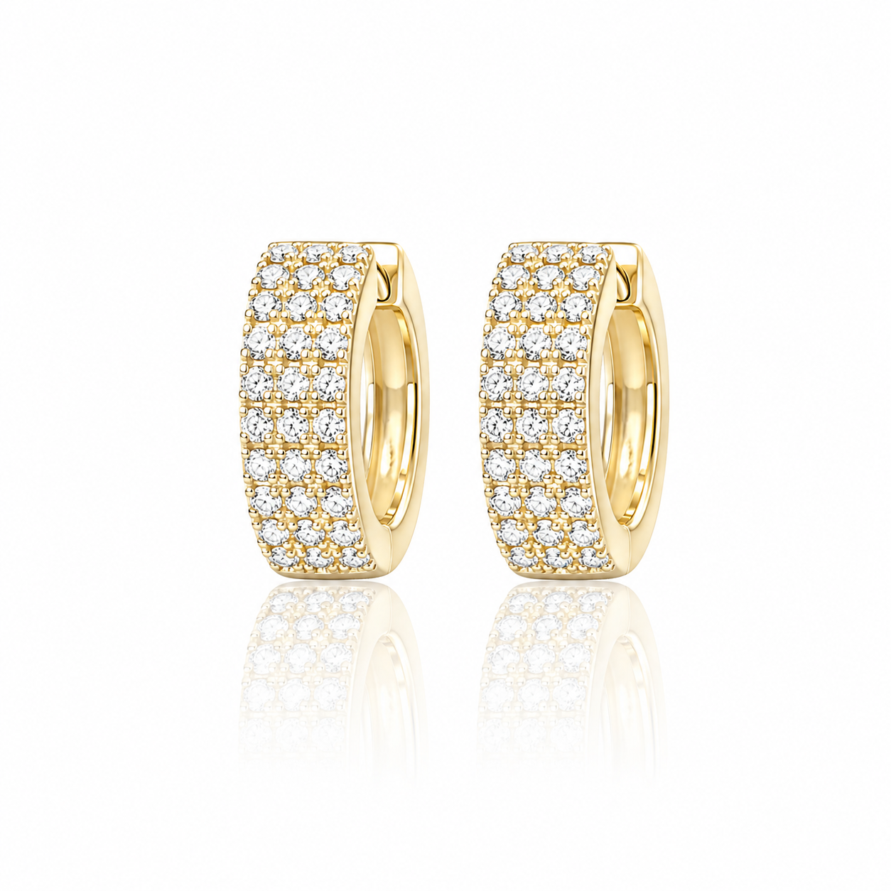 Three Row Diamond Huggie Hoop Earrings