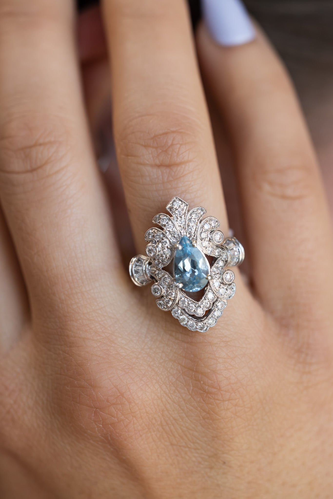 Aquamarine Ring Vintage Style on Finger