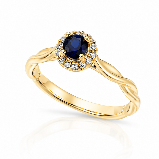 Blue Sapphire & Diamond Twist Halo Ring