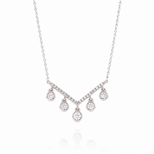 Diamond Dangles Necklace V Shape with 5 round diamonds dangling down