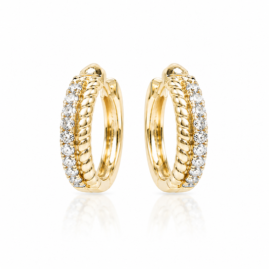 14k Yellow Golden Rope Diamond Huggie Hoop Earrings