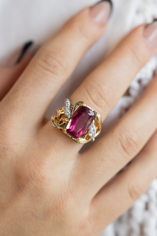 Hand Carved Pink Tourmaline Ring on hand