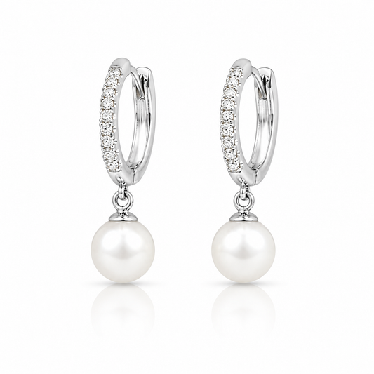 14 Karat White Gold Pearl Drop Diamond Huggie Hoop Earrings