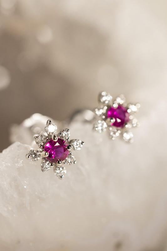 Ruby & Diamond Earrings with beige background