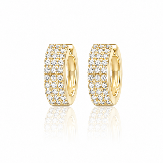 14 Karat Yellow Gold Three Row Diamond Huggie Hoop Earrings