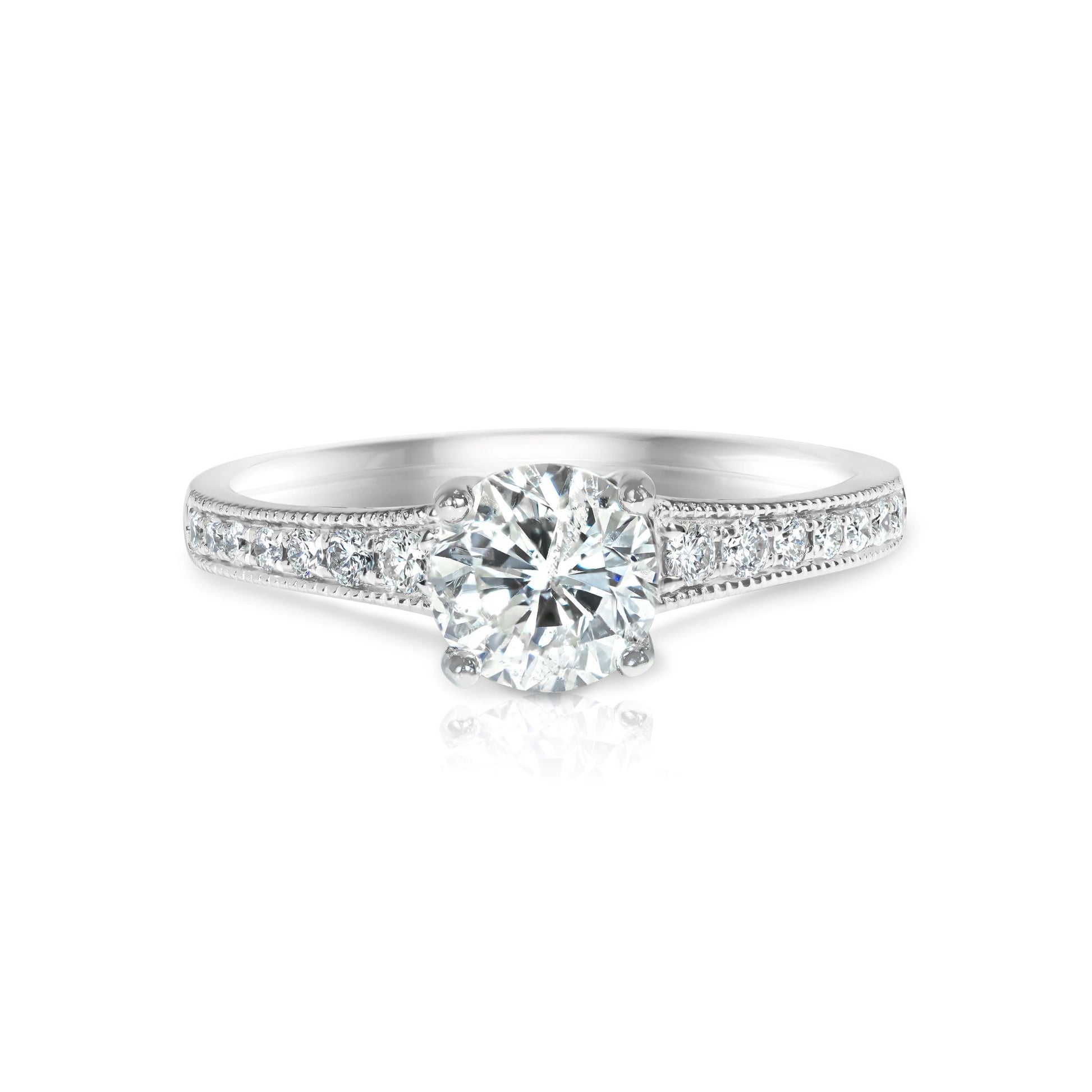 1.09 Carat Diamond Platinum Ring with milgrain and diamonds down the sides