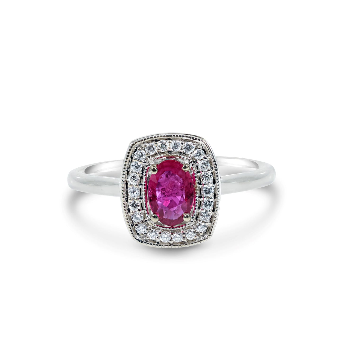 A 10k white gold ring featuring a 0.45 carat oval ruby and small diamond accents.