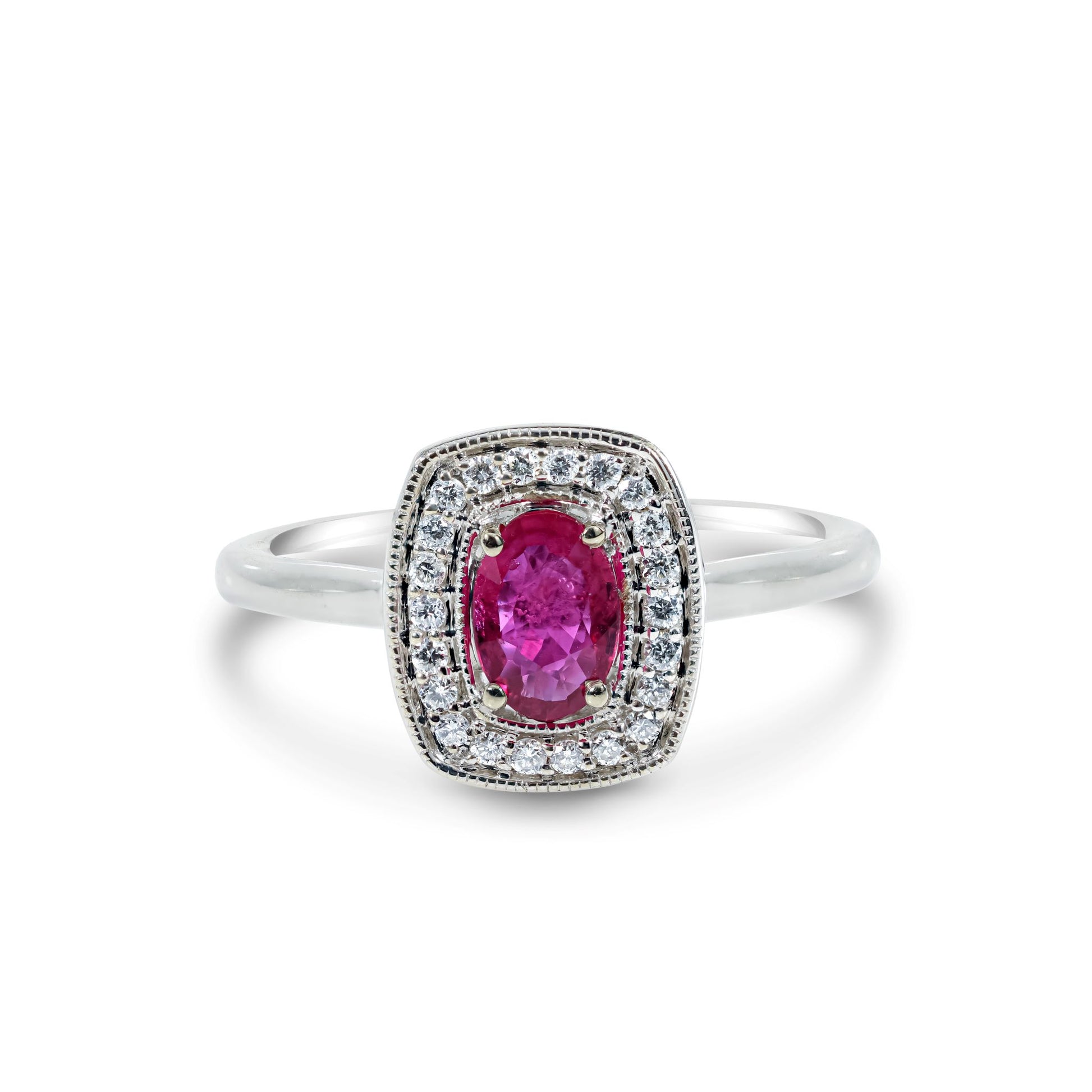 A 10k white gold ring featuring a 0.45 carat oval ruby and small diamond accents.