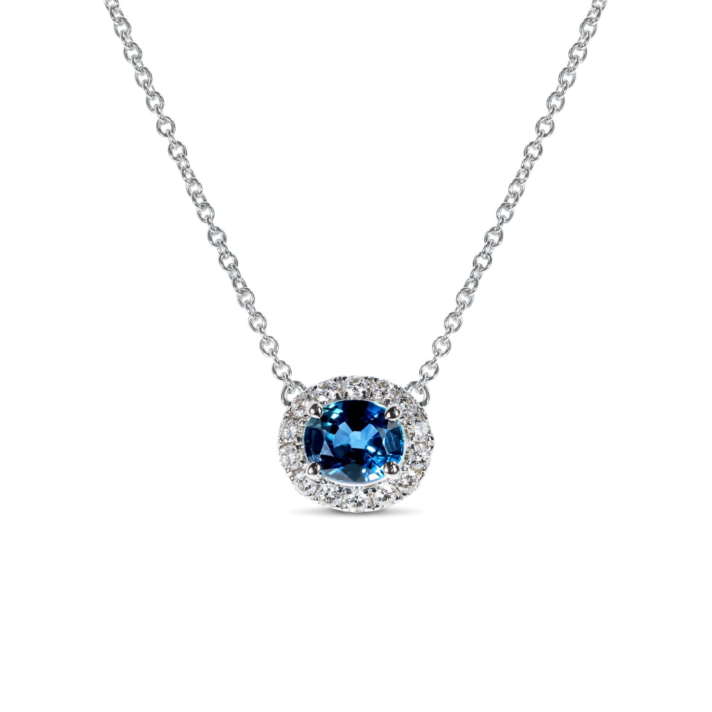 Oval Blue Sapphire Halo Necklace