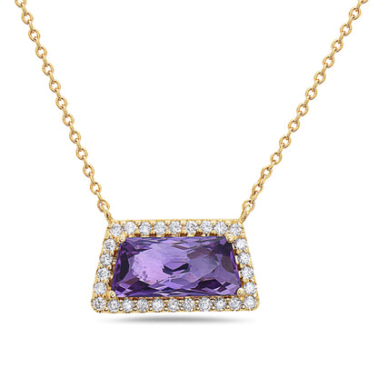 A 14k yellow gold necklace featuring a fancy cut amethyst with a halo of smaller t.w. diamonds.