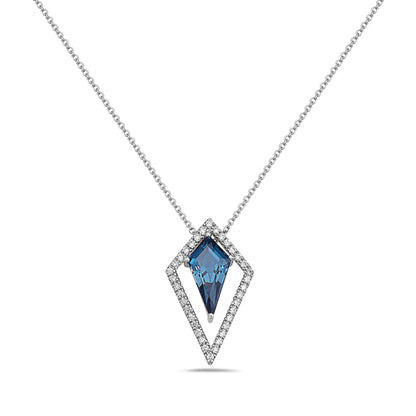 A 14k white gold necklace with a kite-shaped design featuring a blue topaz and diamond accents, on an 18'' cable chain.