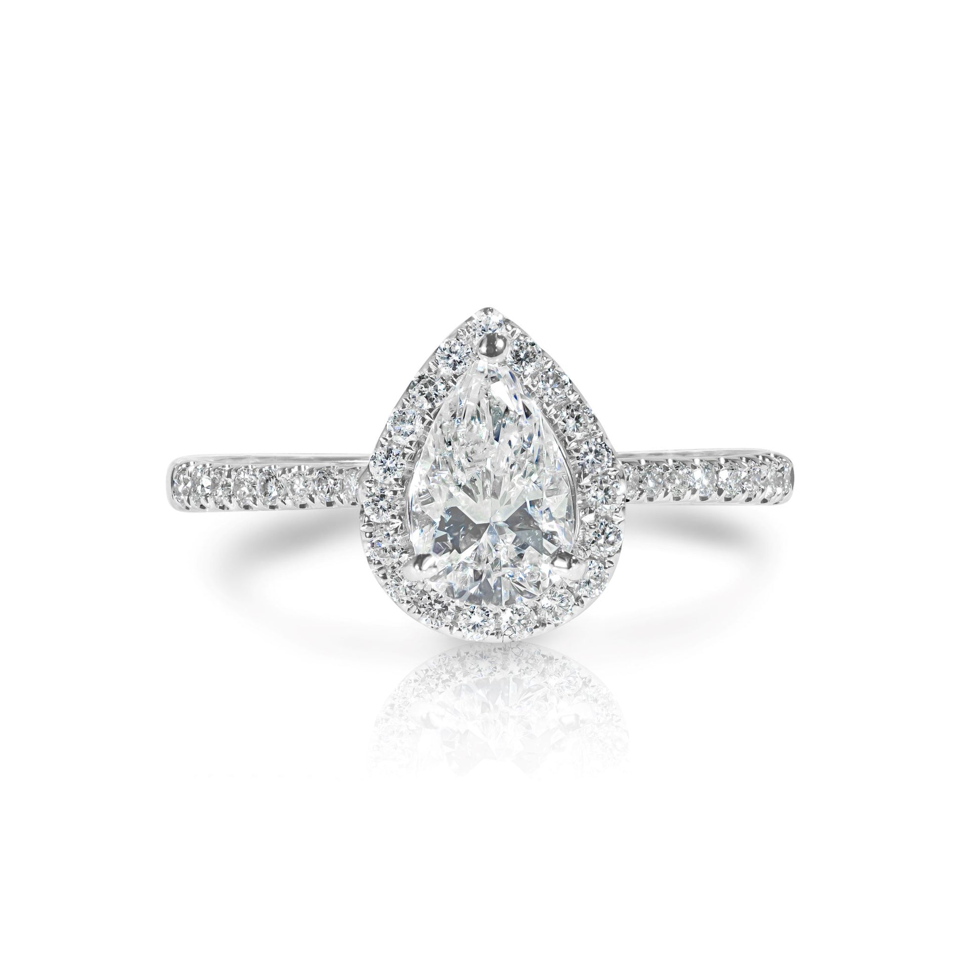 White Gold Ring with Pear Shape Diamond and Halo of Diamonds 