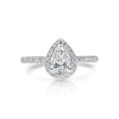 White Gold Ring with Pear Shape Diamond and Halo of Diamonds 