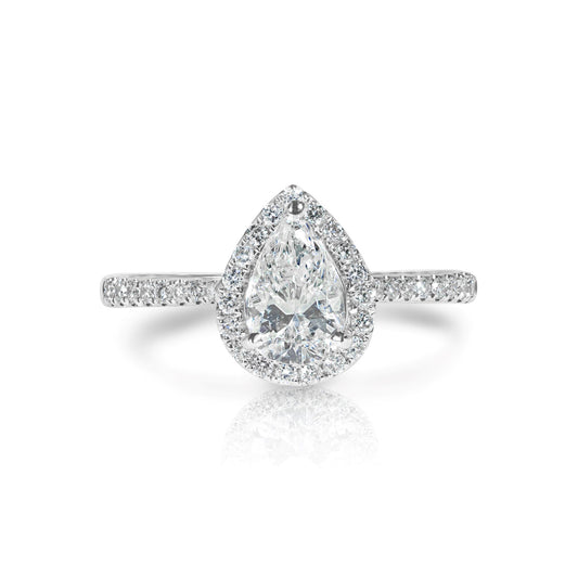 White Gold Ring with Pear Shape Diamond and Halo of Diamonds 