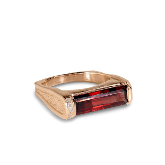 Rose Gold Hand Carved Ring with Garnet Center and Diamond Accents