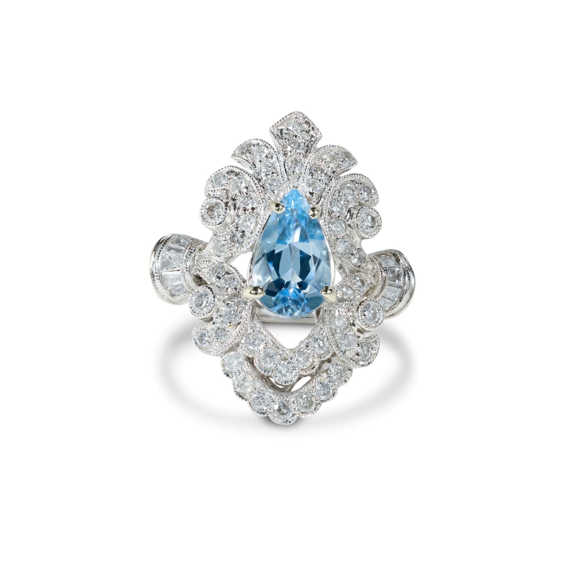 Estate platinum ring with a pear-shaped aquamarine center stone and diamond accents, featuring a finger-fit shank.